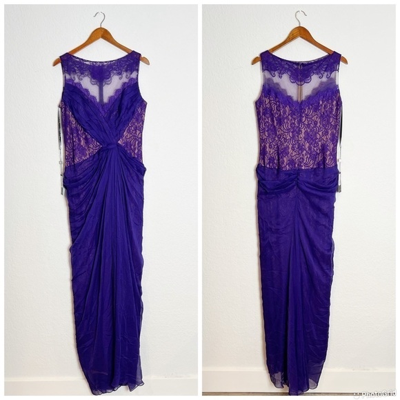 TADASHI SHOJI ARIES LACE & CHIFFON SLIT GOWN - Picture 2 of 14